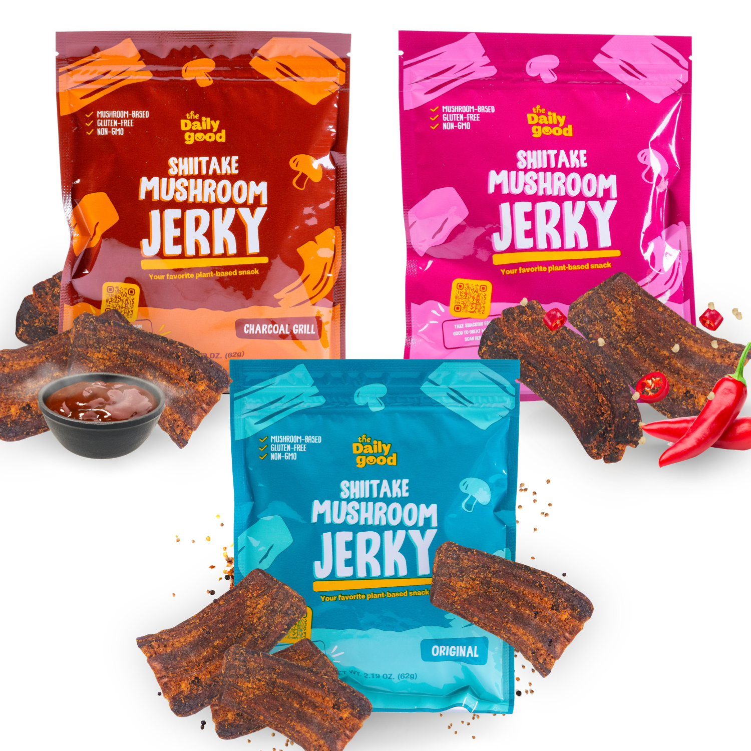 The Daily Good Shiitake Mushroom Jerky - Mushroom Jerky - All Three flavors